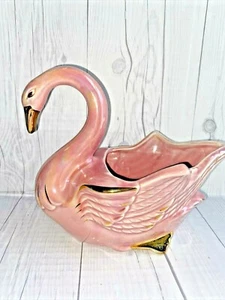 Pink Swan Vintage 1950s Planter, Gold Leaf Trim, Irridecent Pink Swan - Picture 1 of 10