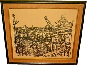 RUDOLF HRADIL Original Vintage Signed Architecture European Cityscape Drawing - Picture 1 of 12