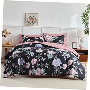 3pcs Floral Comforter Set, Black n Pink Queen (90"x90") Floral Black - Picture 1 of 8