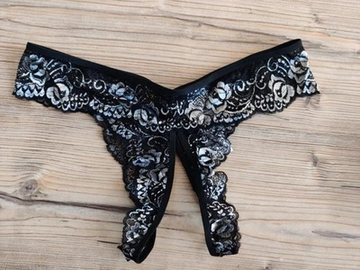 Sexy Dessous: Spitzen-Tanga - Ouvert - Silber-Schwarz Gr. XL - Bild 1 von 4