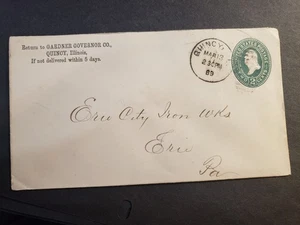 1889 GARDNER GOVERNOR Co, QUINCY, ILLINOIS Postal History Cover to ERIE, PA IRON - Picture 1 of 2