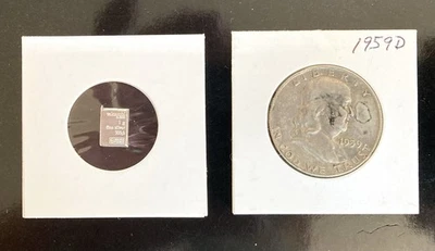 1959 D Franklin Silver Dollar Plus a Valcambi One Gram .999 Silver Bar - Image 1 of 4