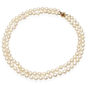 Vintage 14k Gelbgold Diamant Perle Perlen Doppelstrang Halskette - Bild 1 von 5
