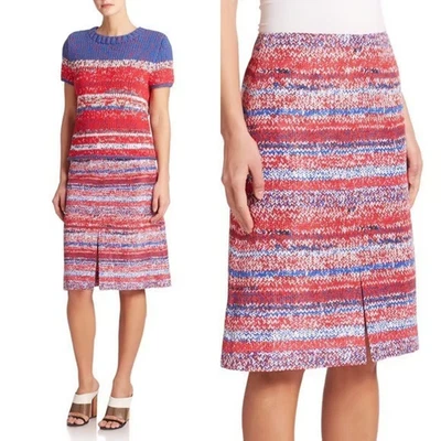 Tory Burch Red Blue Brilliant Mouline A-line Silk Skirt Striped Chevron Sz 2 NWT - Image 1 of 4