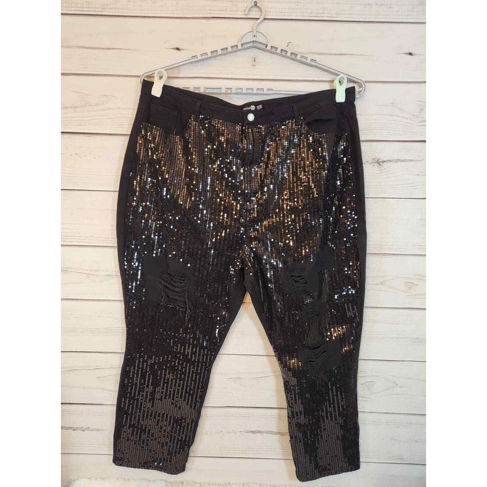 Boohoo Blue Womens Black Stretch Sequin Distressed High Rise Ankle Jeans Size 24 - Image 1 of 4