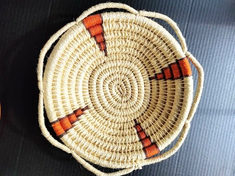Hand Woven Sisal Coil Bowl Orange Geometric Design 12" Diameter with Handles Cover