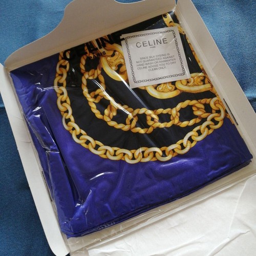 CELINE sciarpa grande 85 cm 33" catena seta quadrata logo blu