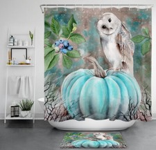 Watercolor Autumn Pumpkin Cute White Owl Waterproof Polyester Shower Curtain Set