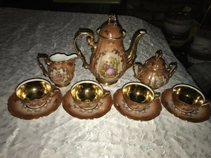 RARE Antique SCHLOTTENHOF Bavaria PORCELAIN Brown/Gold ROMANTIC 11pc TEA Cup SET - Picture 1 of 19