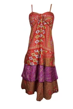 Women REd Spaghetti Strap Dress Ethical Fashion Recycled Vintage Sari Dresses