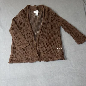 Sag Harbor Crocheted Open Front Cardigan Brown Size Small Shell Stitch Hem - Picture 1 of 7