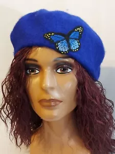 Royal Blue wool beret embellished Embroidered Butterfly, Chic & Fashionable! - Picture 1 of 5