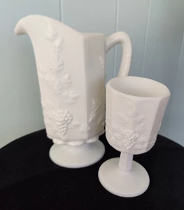 Westmoreland 1 Qt Pitcher & Water Goblet 6"~Milk Glass Paneled Grape~1940-1984 - Picture 1 of 7