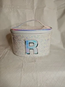 Justice Girls Makeup Cosmetic Bag Initial R White Metallic Glitter Shiny Iridesc - Picture 1 of 8