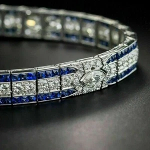 12Ct Lab Created Sapphire With Diamond Tennis 8" Bracelet 925 Silver Gold Plated - Picture 1 of 6