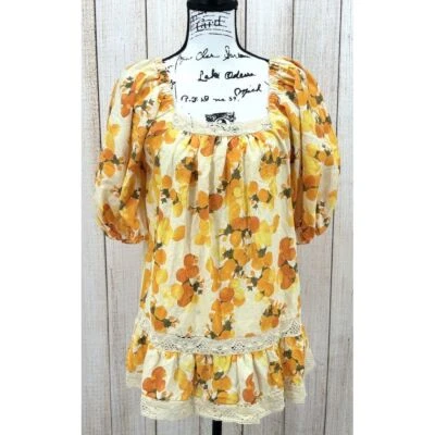 Artelier Nicole Miller Peasant Top Size Small Yellow Linen Blend Crochet Fruit - Image 1 of 4