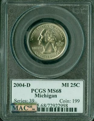 2004 D MICHIGAN FLAG QUARTER PCGS MS68 PQ 2ND FINEST GRADE MAC SPOTLESS * - Image 1 of 4