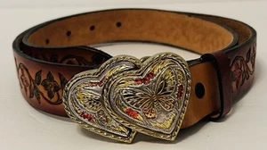 Cinturón De Cuero Tooled Vintage - Diseño Floral - Hebilla Mariposa En Corazones EE. UU. - Imagen 1 de 3