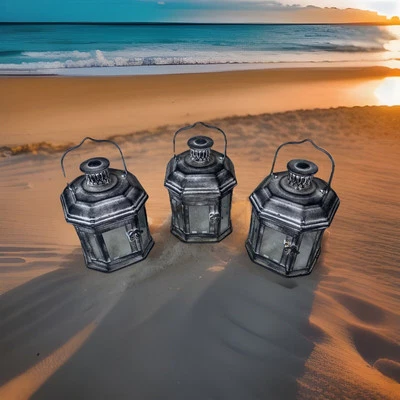 Lanterna suspensa metal tealight castiçais com vidro conjunto de 3 rústicos - Imagem 1 de 4