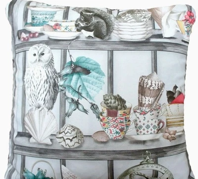 Shelves Cushion Cover Osborne & Little Fabric Curio Owls Shells Cups 16x16” - Image 1 of 4