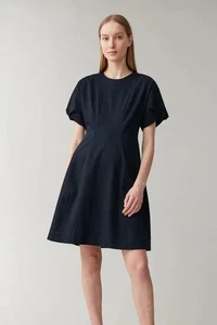 COS UK 6 8 EU 38 Baumwolle Puffärmel Seersucker Sculped Tageskleid dunkelblau - Bild 1 von 12