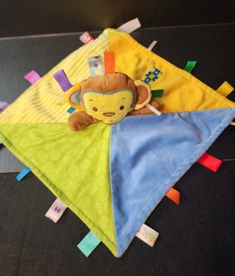 Taggies Monkey Plush Yellow, Green, Blue Baby Security Blanket Lovey Ribbons - Image 1 of 4