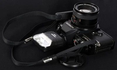 Konica Acom-1 35mm Film SLR c/w Hexanon AR 50mm f/1.7 STD Lens & 190 Flash Kit - Image 1 of 4