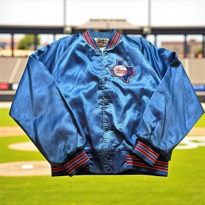 Chaqueta de satén de béisbol MLB grande de colección de los 80 Texas Rangers Chalk Line para hombre Foto 1 de 4