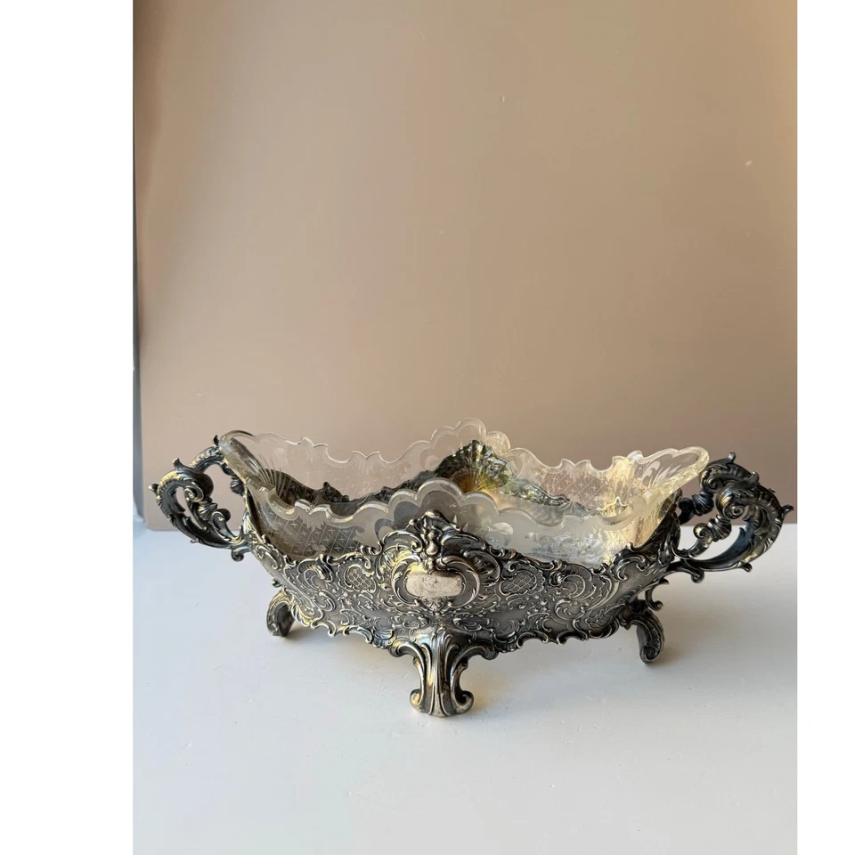 Antiguo centro de mesa alemán de plata cuenco jardinero inserto de vidrio principios de 1900 Foto 1 de 4