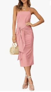 BTFMB Midi M Waist Tie Spaghetti Strap Dress Coral Pink Split Stretch Sleeveless - Picture 1 of 13