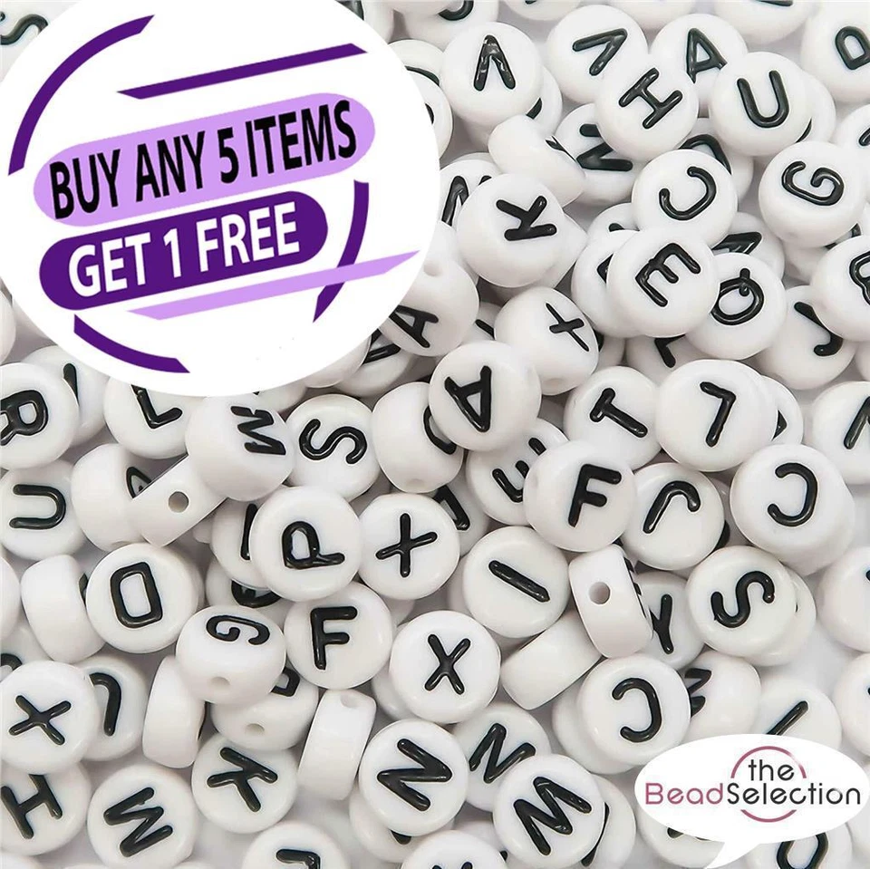 100 ALPHABET ACRYLIC BEADS WHITE 7mm FLAT ROUND SINGLE & MIXED LETTER A - Z  - Image 1 of 3