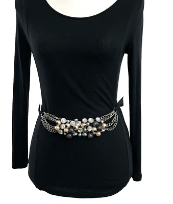 Women's Chain Belt Silver XS-S VTG Jeweled Beaded Statement Ribbon Metal Ladies - Image 1 of 4