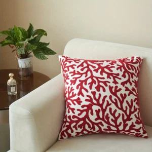 Coastal Charm Red Coral Embroidered Throw Pillow Cover- Indoor Costal Decor - Picture 1 of 3