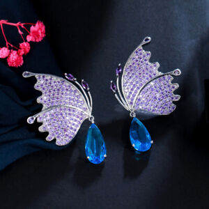 Purple Blue Mirco Pave CZ Butterfly Wing Earrings White Gold Dangle Drop Jewelry