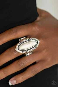 Paparazzi "Santa Fe Serenity" White Stone Antique Silver Filigree Flex Fit Ring - Picture 1 of 2