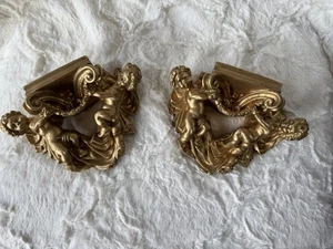 Vintage Cherub Angel Ornate Wall Gold Sconce Shelf Pair (2) - Picture 1 of 7