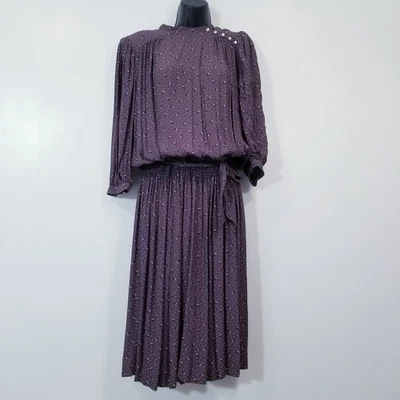 Винтажное женское платье 70-х 80-х Nicole Miller со складками с принтом высокий вырез размер 6 - Изображение 1 из 4