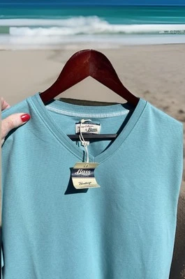 Pulôver masculino Bass Heritage Collection Laguan azul-petróleo gola V SS com nervuras grande novo com etiquetas - Imagem 1 de 4