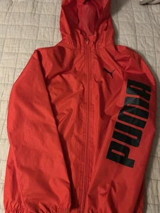 Puma Red Lightweight Windbreaker Jacket Rain Coat Hooded Boys Size L (14-16) - Picture 1 of 6