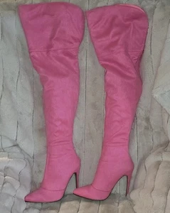 Fashion Nova Thigh High Pointy Toe Pink Faux Suede Stilleto Heel Boots sz 8 - Picture 1 of 12