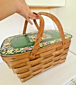 Vintage Wooden Picnic Basket Hand Painted Lined Floral Lid Rustic Cottage charm - Picture 1 of 12