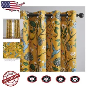 Vintage Mustard Yellow Grommet Drapes - Energy Efficient 84'' Floral Pattern - Picture 1 of 12