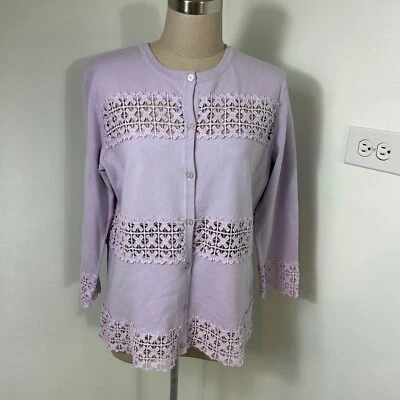 Cárdigan Isaac Mizrahi Suéter Borde de Encaje Tejido Ligero Lavanda Púrpura Pequeño Foto 1 de 4