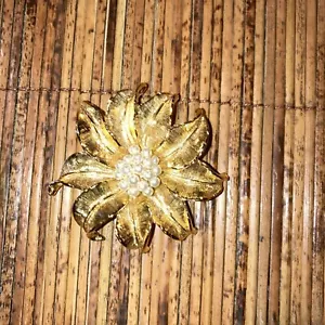 Vtg Poinsettia Look Flower Brooch Pin Faux Pearl Cluster Center Lovely 2” - Picture 1 of 2
