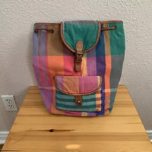 Vintage Ralph Lauren Madras Plaid And Leather Drawstring Backpack bag - Picture 1 of 15