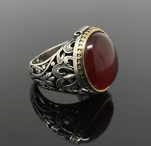 Real Red Yemeni aqeeq 925 Sterling Silver Statement ring, men's accessories . - Picture 1 of 9