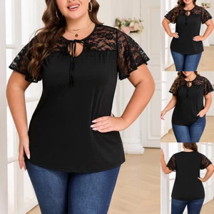 Plus Size Womens Lace Short Sleeve Tunic Tops Plain Casual Loose T Shirt Blouse - Picture 1 of 17