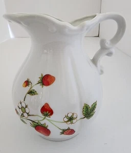 Vintage Otagiri Pitcher Creamer White w/ Strawberries & Flowers Japan 6" x 5" - Picture 1 of 9