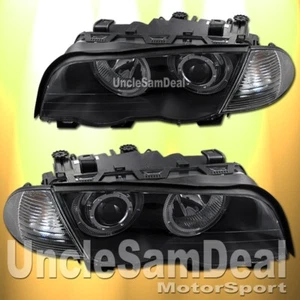 FOR 99-01 BMW E46 4DOOR SEDAN BLACK HALO RIMS PROJECTOR HEADLIGHTS CORNER SET - Picture 1 of 2