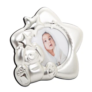 Star Shaped Silver Plated Baby Photo Frame with Teddy Bear and Decorative Sta... - Picture 1 of 6